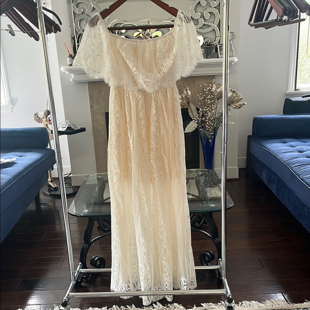 Elegant Lace Off-Shoulder Dress. Maternity shoot dress